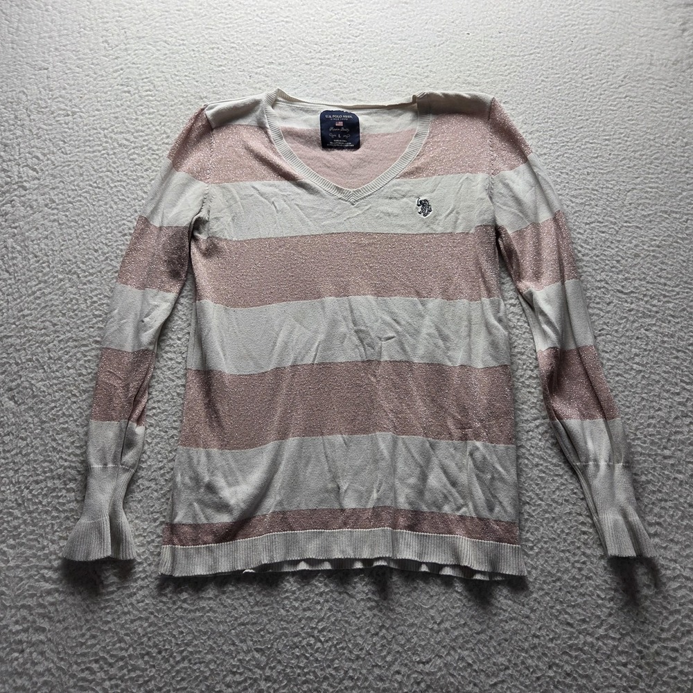 U.S. Polo Assn. Sweater Womens Large Pink White Striped V Neck Knit Pullover